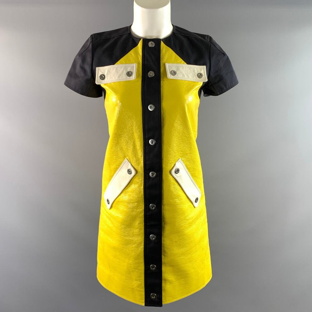 COURREGES Size 0 Yellow Navy & White Cotton & Polyurethane Color Block Dress